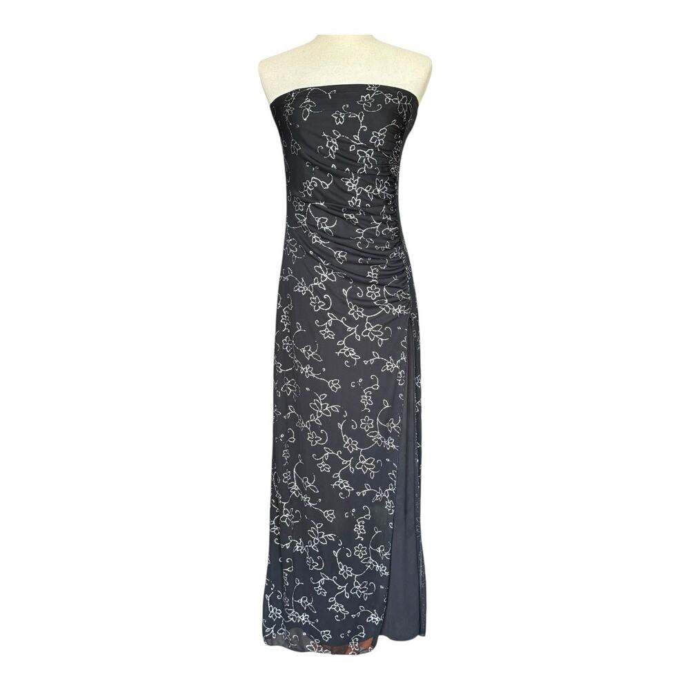 Vintage Taboo Strapless Black Floral Maxi Dress Side Slit Y2K Party Formal Small